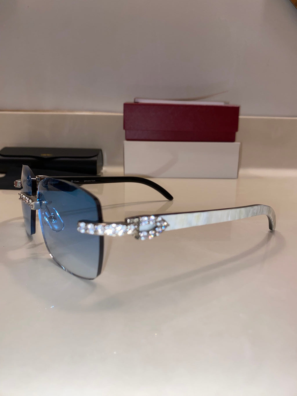 White Iced Buffs Blue Lens Silver Frame