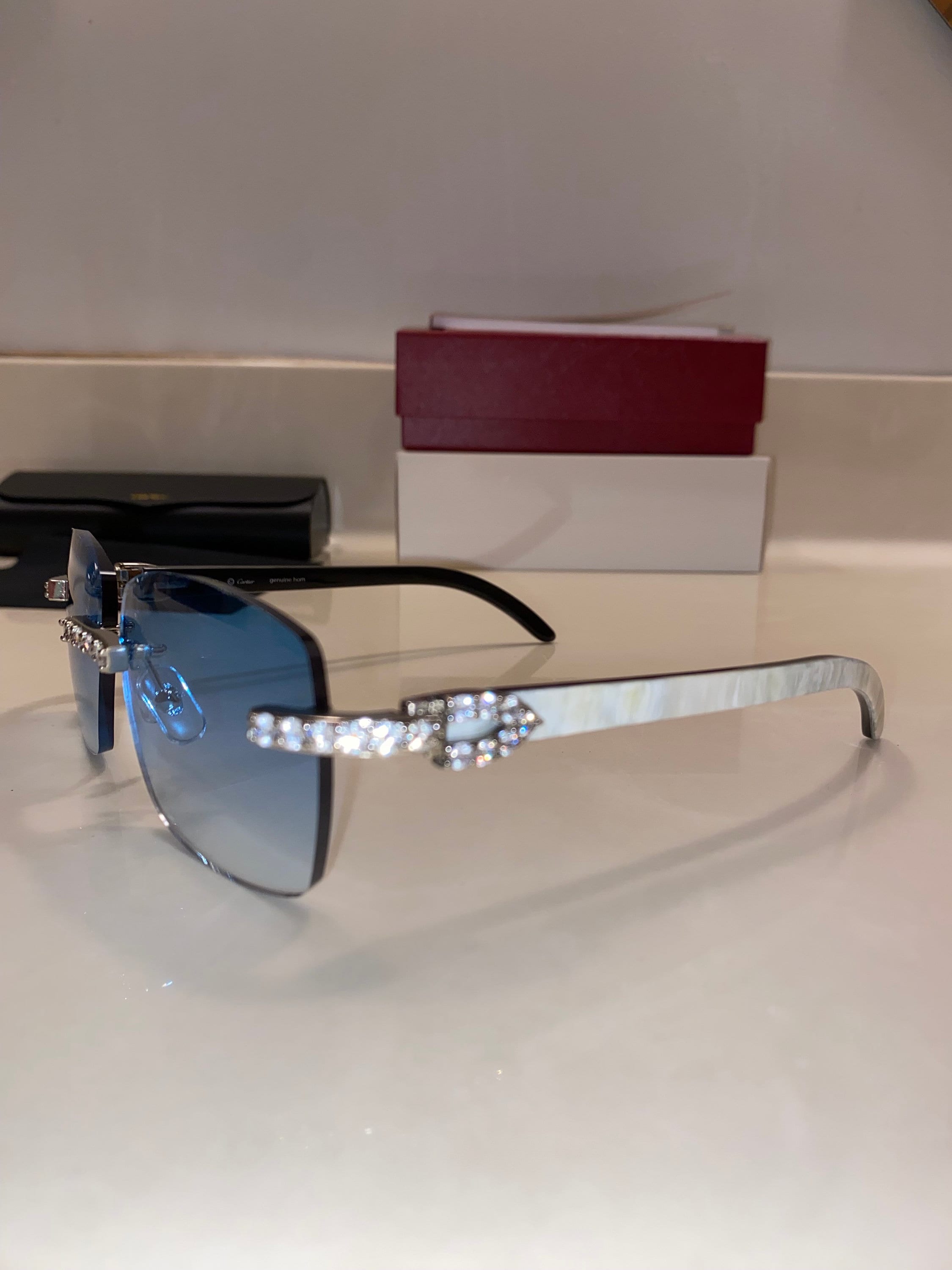 White Iced Buffs Blue Lens Silver Frame