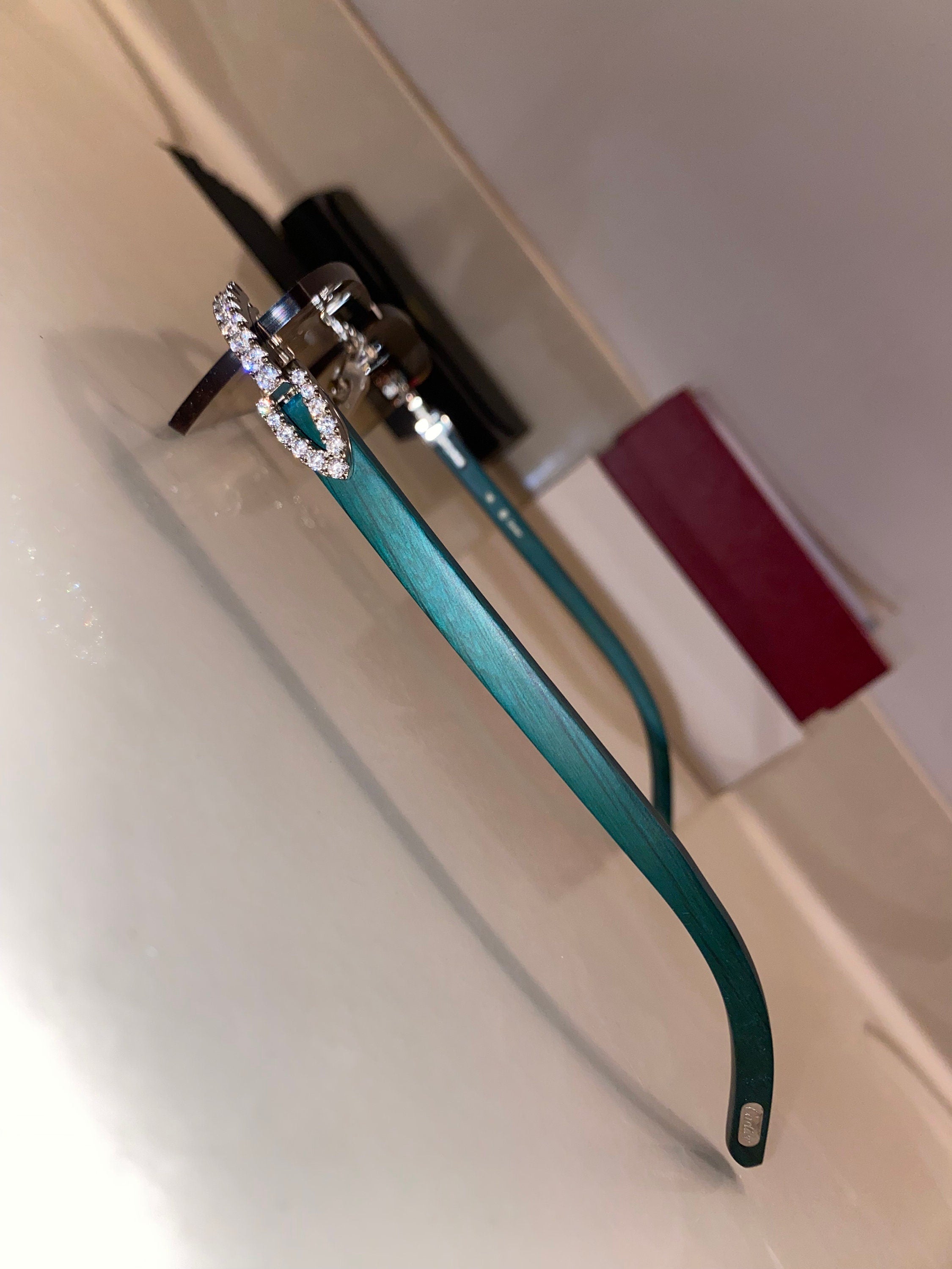 Teal Iced out Rimless Sunglasses Detroit style Buffs