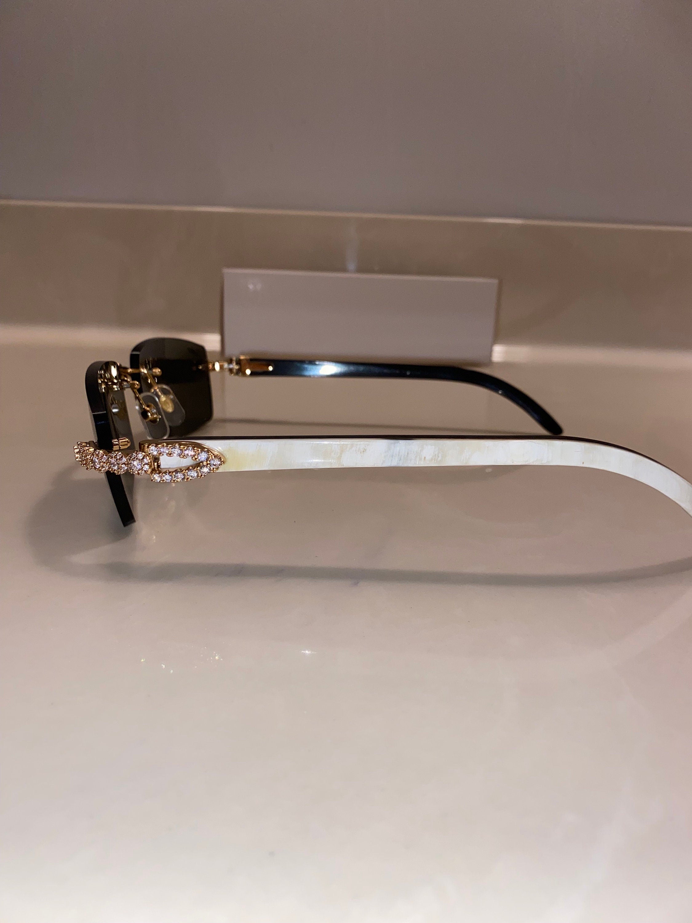 White Buffs Black Tinted Lens Diamond Frame Classic Size